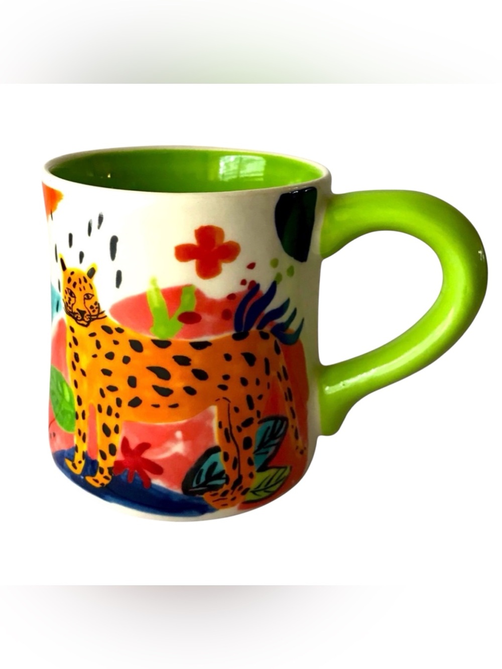 Jungle Bloom Cheetah Mug 16oz Colorful Safari Animal Ceramic Cup Green NWOT